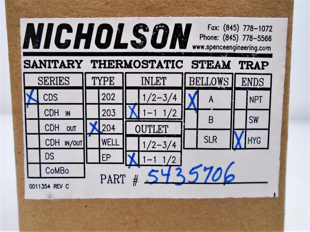 Nicholson 1"- 1 1/2" Sanitary Thermostatic Steam Trap, Type 204, Part 5435706
